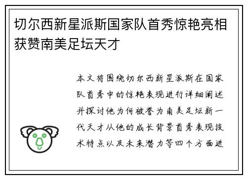 切尔西新星派斯国家队首秀惊艳亮相获赞南美足坛天才