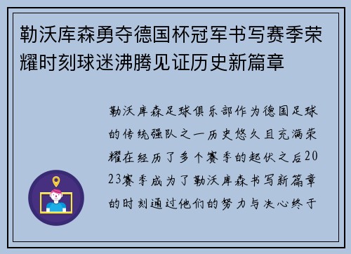 勒沃库森勇夺德国杯冠军书写赛季荣耀时刻球迷沸腾见证历史新篇章