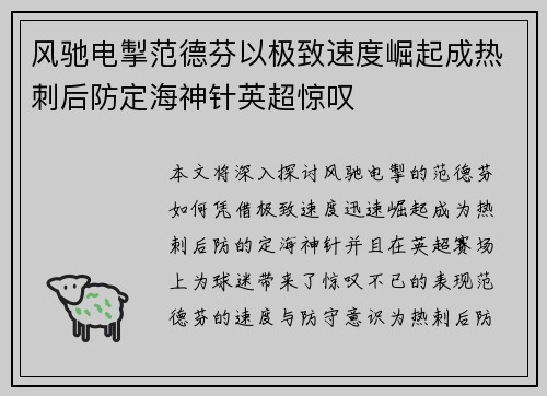 风驰电掣范德芬以极致速度崛起成热刺后防定海神针英超惊叹 风驰电掣范德芬以极致速度崛起成热刺后防定海神针英超惊叹